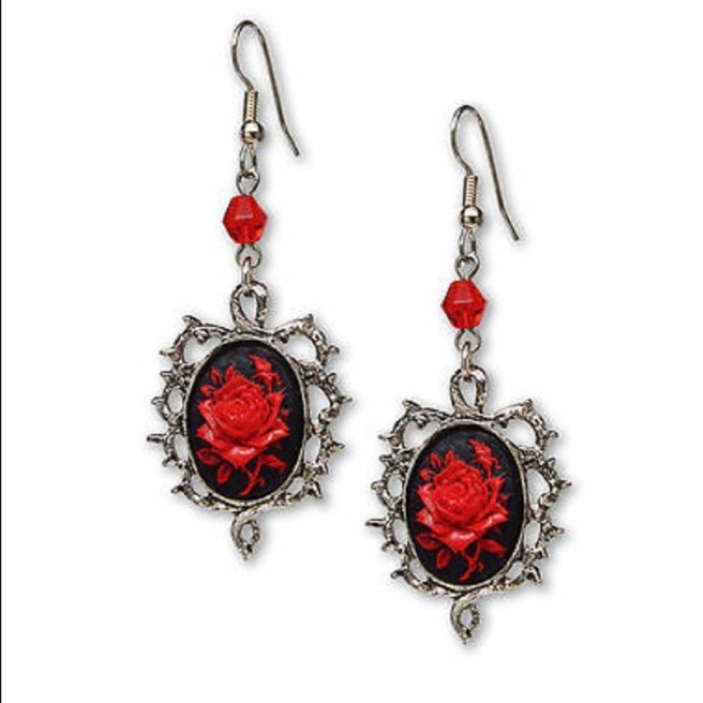Gothic Red Rose Cameo Dangly Earrings 🌹